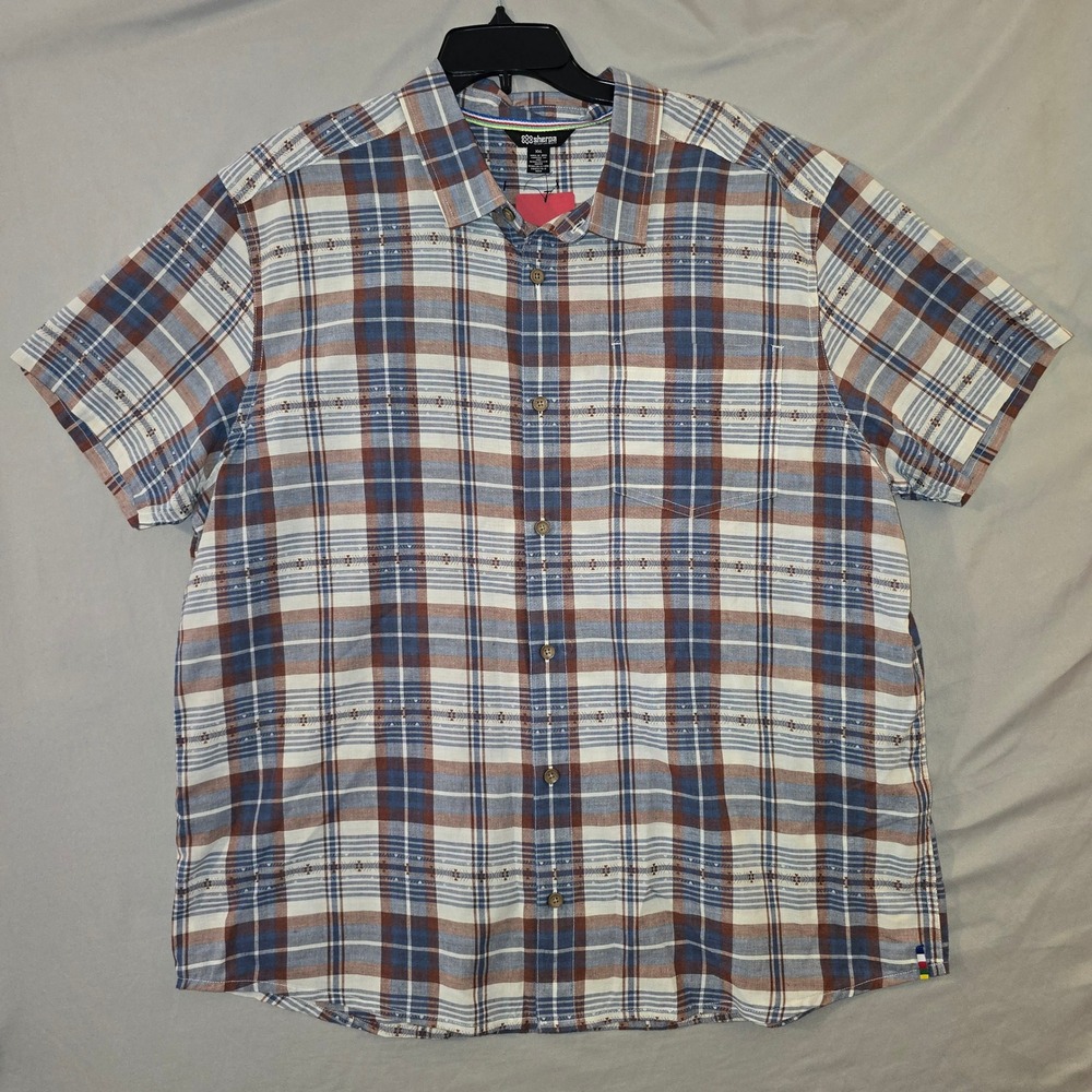 Sherpa Adventure Gear Button Down XXL Mens Blue Brown Plaid Short Sleeve Shirt